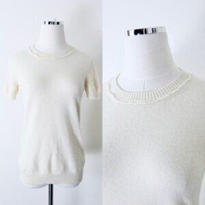 Rochas Cashmere Short Sleeve Sweater Knit Top Cream Lace Trim